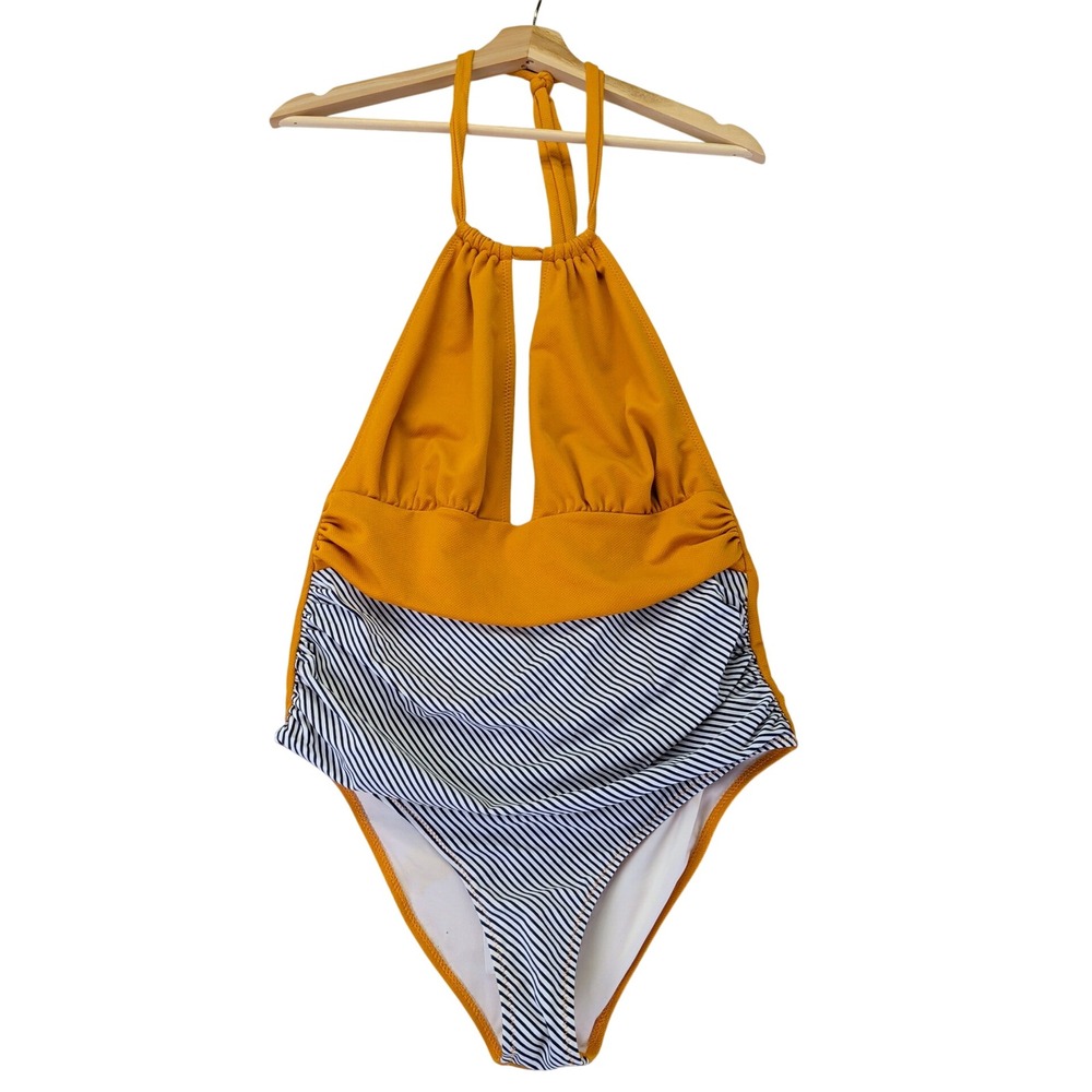 Cupshe Mustard Yellow Striped Halter One Piece Swimsuit XL‎ AB31084M NEW
